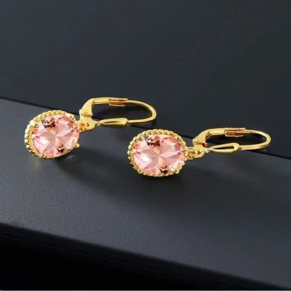 18K Yellow Gold 925 with 4.00 Cttw Peach Morganite Oval Leverback Hook Earrings